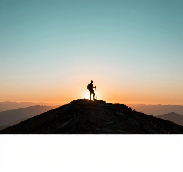 A person hiking on a ridge at sunset, silhouetted against a breathtaking sky of #A8C9CF and soft orange. The composition conveys adventure and freedom.