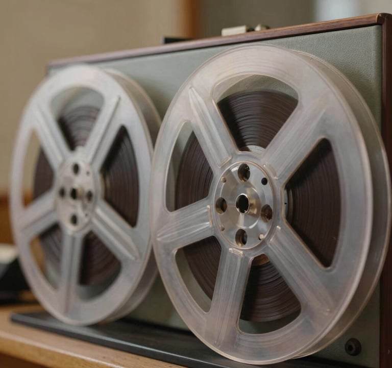 An artistic close-up of historical magnetic recording tape reels spinning in a Romanian radio studio, natural soft warm lighting illuminating classic analog broadcasting gear.
