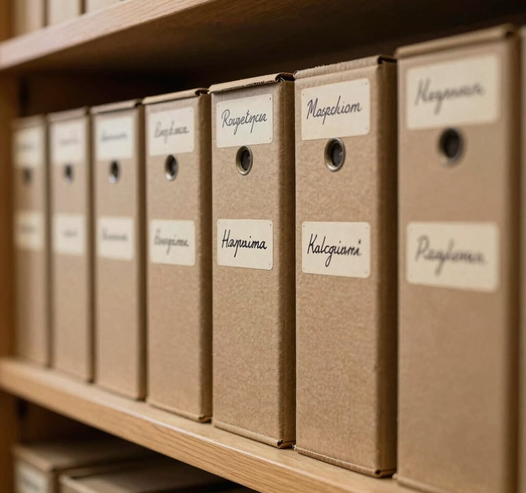 A row of neatly arranged historical magnetic audio tape boxes on a wooden archival shelf, with handwritten labels in Romanian cursive. Soft, warm light highlighting the vintage cardboard textures, scholarly archive style.
