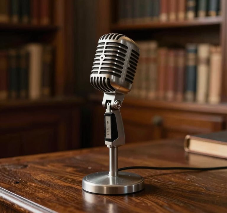 An elegant still life of a classic metallic broadcast microphone on a heavy iron base, positioned on a polished dark wood desk in an old Romanian library. Soft golden evening light, nostalgic editorial style.