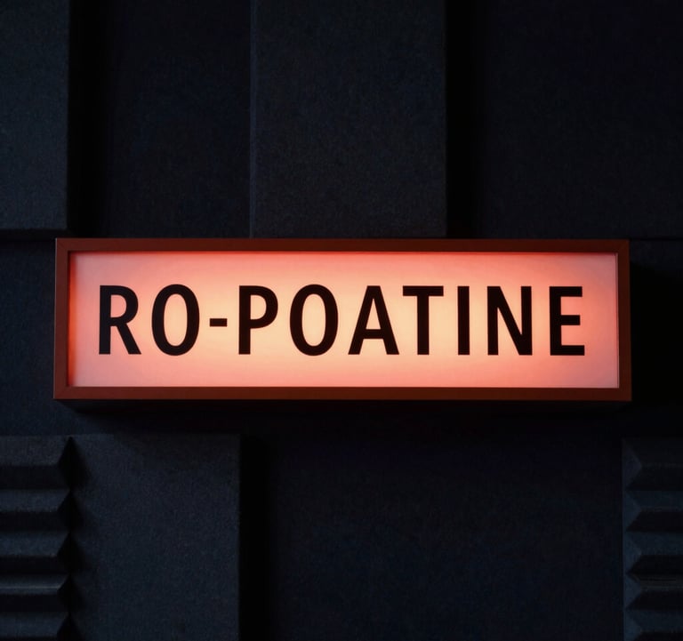 A striking photograph of a retro broadcast studio on-air sign glowing in warm terracotta red inside a dark, sophisticated acoustic room. Soft shadows in deep navy, conveying a quiet, focused archive environment.