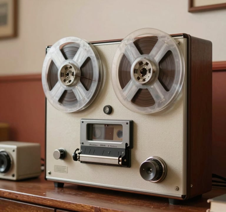 A medium shot of an antique open-reel tape recorder with magnetic tape slowly turning, set in a cozy, nostalgic Eastern European archive room. Soft off-white cream light catches the silver reels, with warm terracotta red accents in the decor.