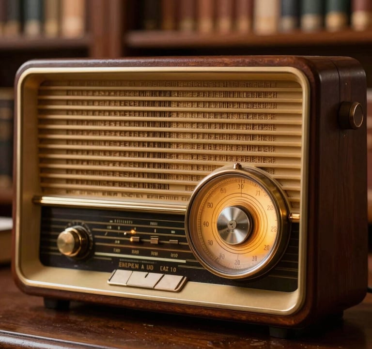 A close-up shot of a polished retro 1950s European tabletop tube radio with warm bronze-gold detailing, its amber frequency dial softly glowing, photographed in an elegant, scholarly library setting.