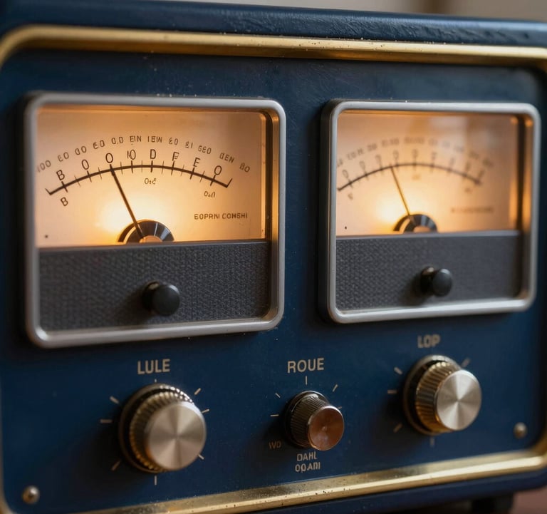 A detailed macro photograph of vintage analog radio dials and glowing warm yellow VU meters on a classic console. Deep navy blue casing with warm sand gold details, suggesting historical broadcast engineering, clean and scholarly presentation.