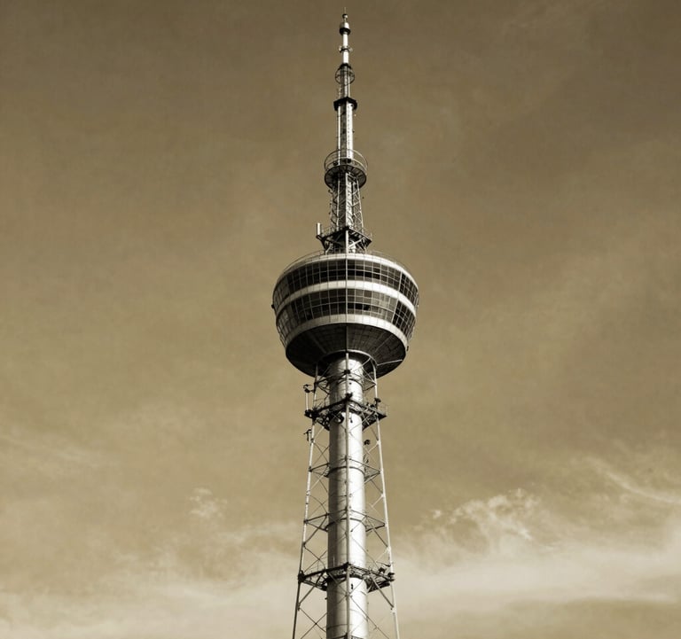 A black and white style professional photograph with warm gold toning, showing a classic broadcast tower standing tall against a dramatic sky in Romania. Graphic, elegant composition, capturing the historical weight and early days of wireless transmission. Sophisticated and scholarly aesthetic.