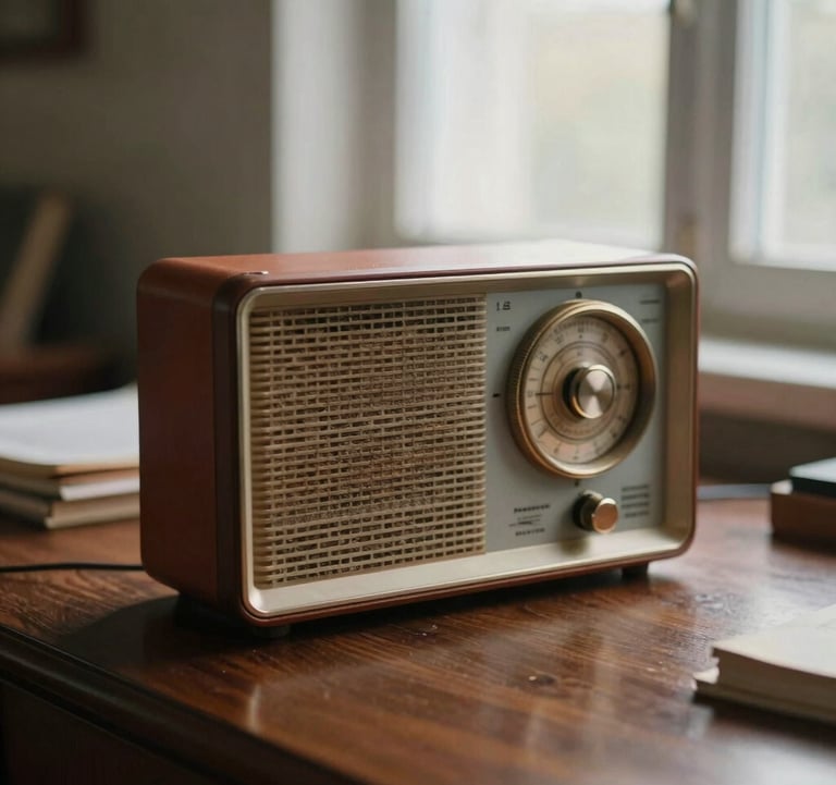 A close-up photograph of a mid-century bakelite radio receiver sitting on a polished dark wood desk in an Eastern European study. Soft morning light filters through a window, highlighting the elegant dial. The atmosphere is warm and nostalgic, using terracotta and warm light gray tones.