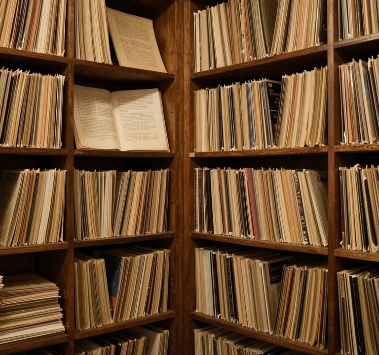An archival photograph of a physical library room with shelves of old recordings, manuscript folios, and historical documents in Bucharest. Warm editorial lighting with soft gold accents, evoking historical authority and a passion for preservation.