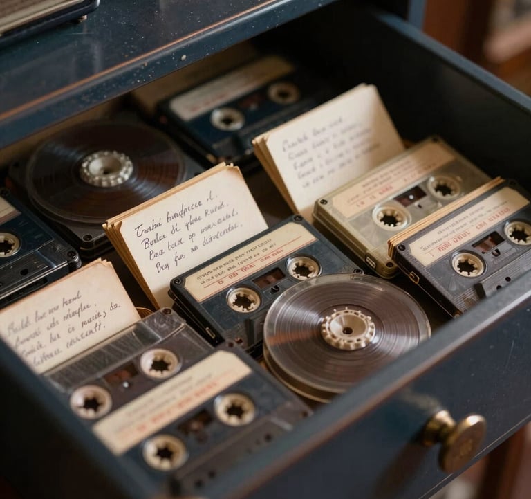 A detailed macro photograph of an antique catalog drawer filled with archived radio tapes and index cards with handwritten Romanian text. Warm gold light catches the edges of the worn paper and aged plastic reels. Scholarly, sophisticated library atmosphere, with a palette of deep navy and cream.
