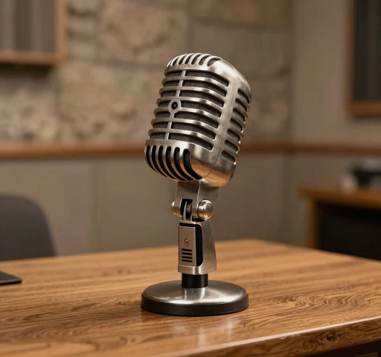 A close-up photograph of a vintage 1950s metal ribbon microphone resting on a polished oak desk in an old Romanian broadcast studio. Soft warm sand gold light highlights the metallic grill. The background is a softly blurred, warm stone gray acoustic wall paneling.