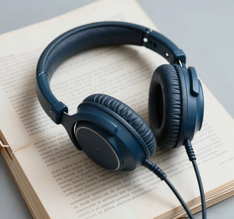 A detailed photograph of a pair of vintage studio headphones resting on a stack of typed broadcast scripts in Romanian. Clean, modern composition with a scholarly, nostalgic mood, illuminated in slate blue and cream colors.