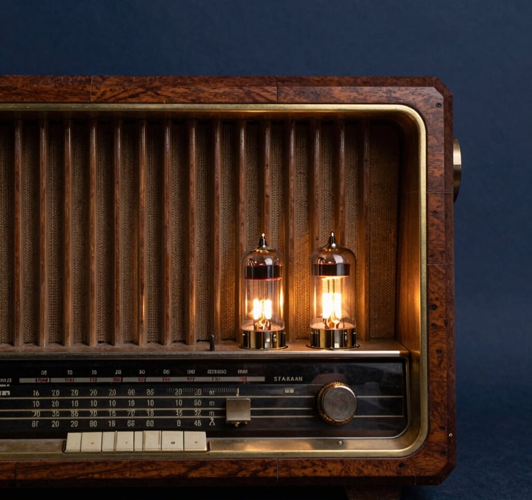 Close-up photograph of a vintage 1930s wooden tabletop radio receiver, with warm glowing vacuum tubes visible through the rear grill. Set against a dark slate navy blue background, styled for a scholarly Eastern European digital archive.