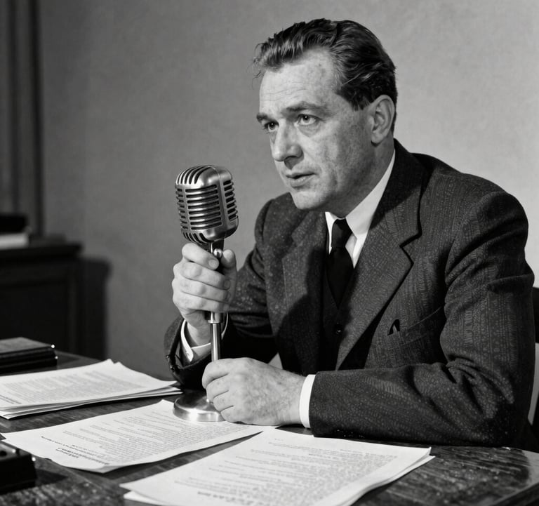 A vintage style black and white photograph of an Eastern European radio presenter in Bucharest, speaking into an iconic classic silver microphone, archives and typed manuscripts resting on a rustic dark wooden desk.