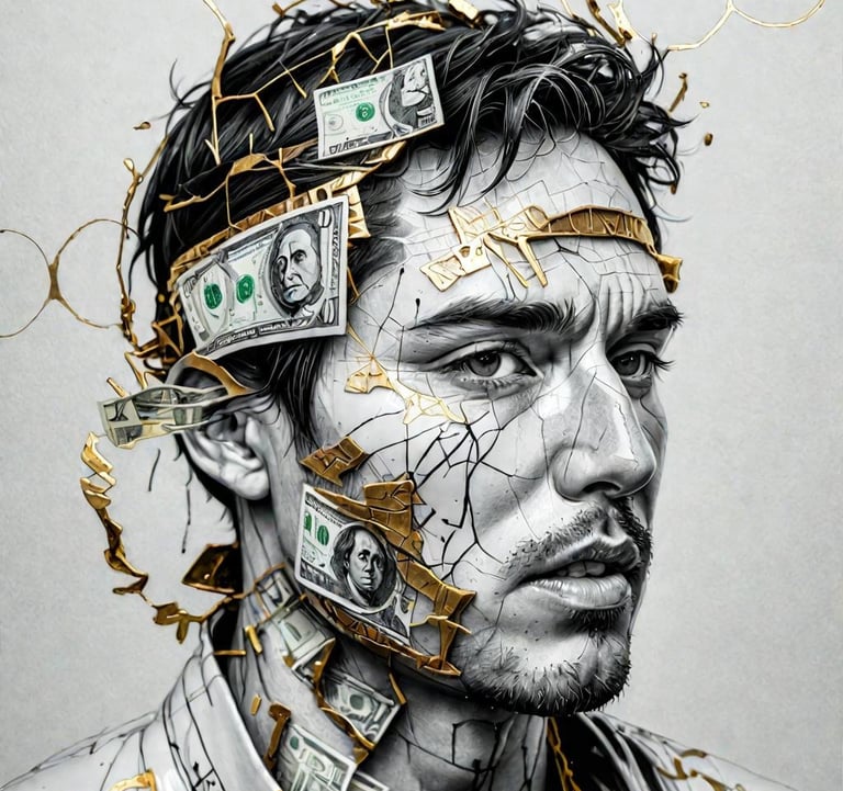 a man with a lot of money on his head