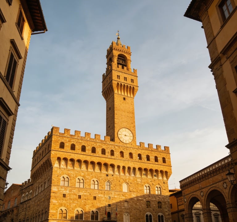 The historic Palazzo Vecchio tower in Florence, Italy, glowing in golden sunset light against a blue sky.