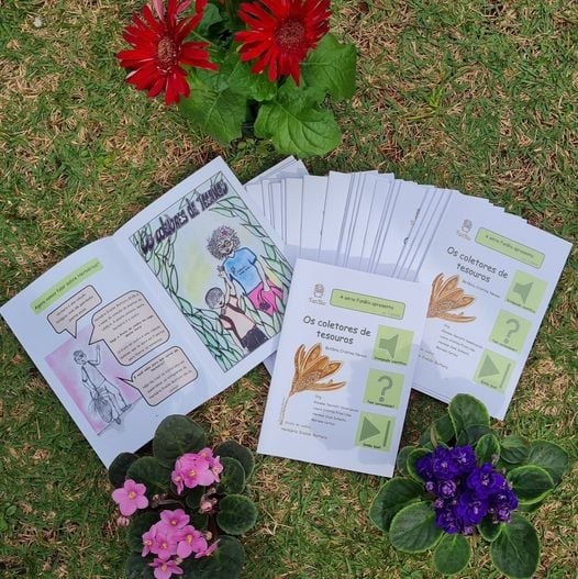 fanzines impressos do FanBio sobre um gramado com flores