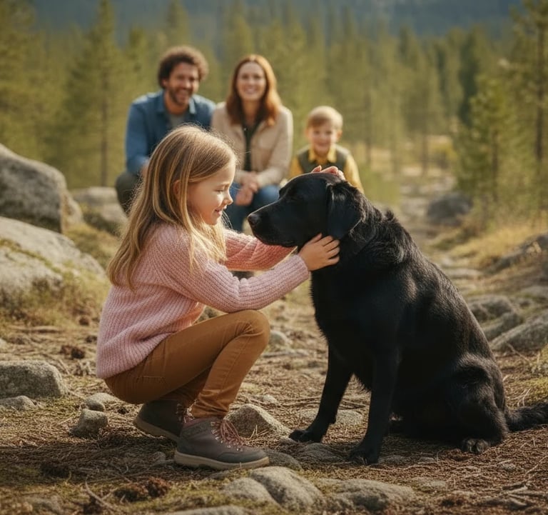 Niña abrazando a su perro negro en familia - Encuentra el seguro perfecto para tu mascota