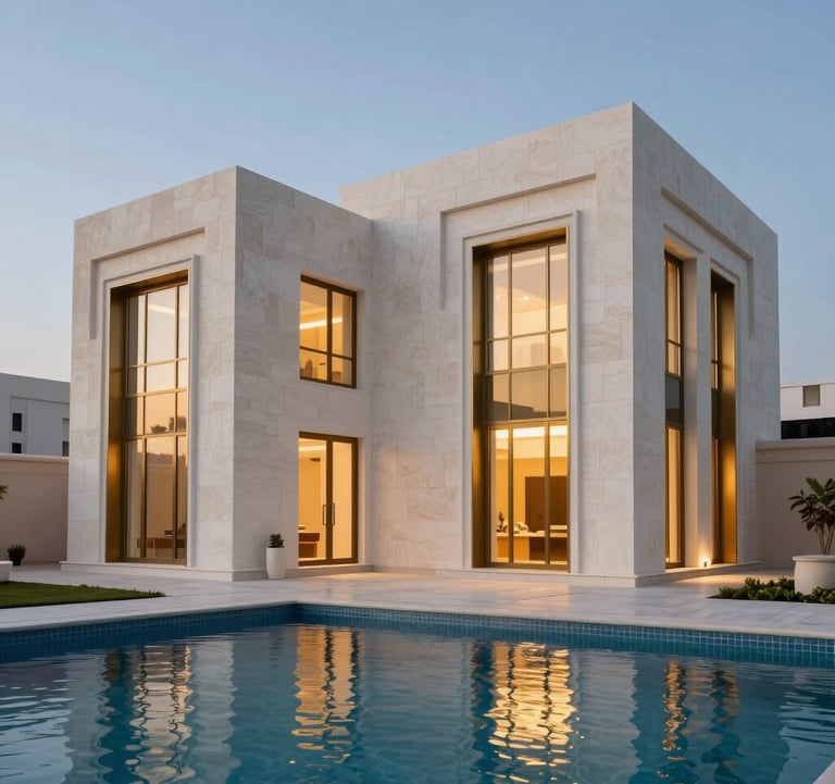 Photography of a modern architectural villa in a Middle Eastern / Gulf setting, with white stone walls, warm metallic gold window frames, and a sparkling swimming pool in the foreground under a clear evening sky.