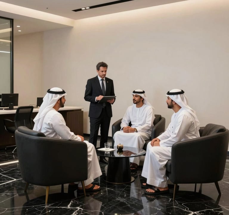 Photography of a luxury commercial space in Dubai. Elegant black marble floors and soft off-white walls. A professional consultant in a Middle Eastern / Gulf office environment presenting to clients.