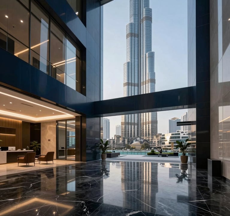 A high-end commercial office lobby in a Dubai skyscraper with polished black marble floors, dark navy blue accents, and professional Middle Eastern / Gulf corporate design.