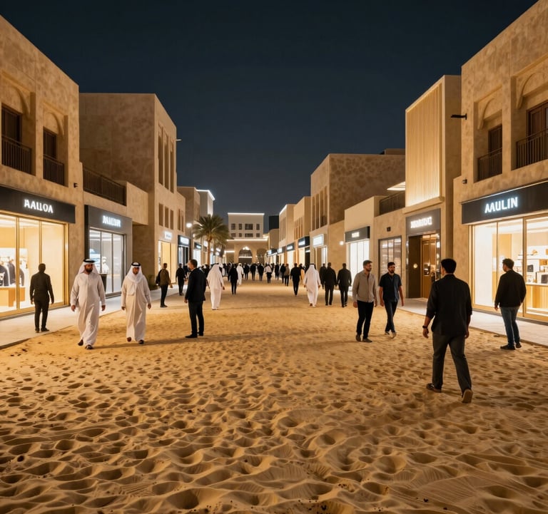 A vibrant high-end shopping district in Dubai at night, with warm golden sand lights illuminating professional Middle Eastern / Gulf visitors and luxury storefronts.