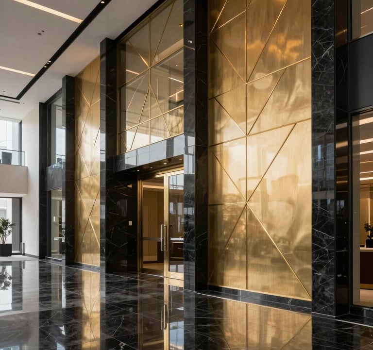 A sleek, modern commercial lobby in Dubai with elegant gold geometric wall patterns and polished midnight black stone, reflecting a highly professional and credible corporate environment.