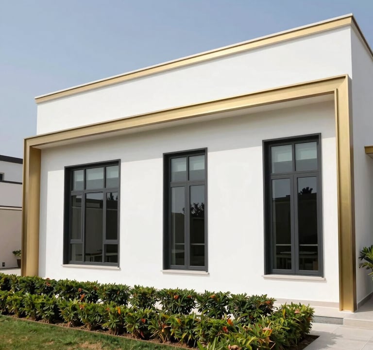 Luxury villa architecture in a Middle Eastern / Gulf setting, featuring clean white walls and metallic gold trim. Bright, modern photography with elegant black window frames and lush landscaping.