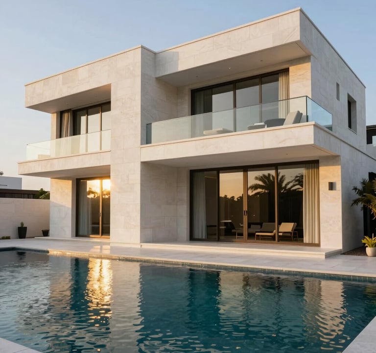 Architectural shot of a contemporary luxury villa in Palm Jumeirah, showcasing clean lines, white stone walls, and a private pool reflecting the elegant gold sunlight of late afternoon.