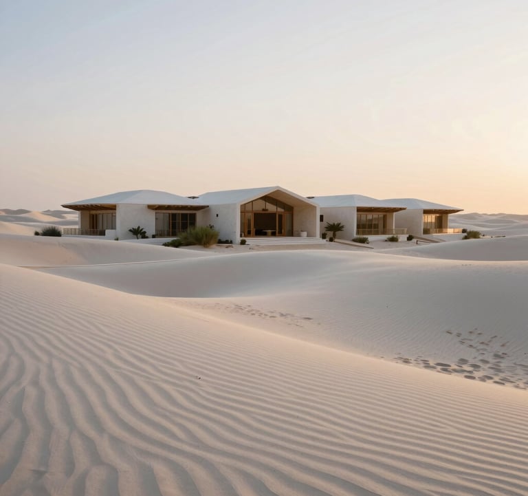 A serene desert luxury resort at dawn, featuring soft off-white sand dunes and modern villa architecture in a tranquil Middle Eastern / Gulf setting.