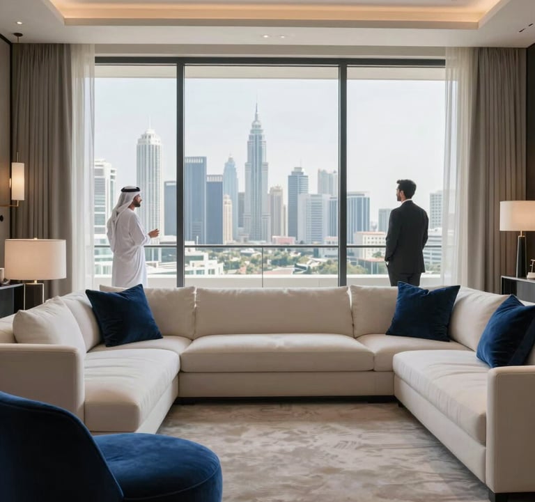 High-end interior photography of a penthouse in Dubai. Features soft off-white furniture and deep midnight blue accents. Professionals in a Middle Eastern / Gulf residential setting viewing the skyline through a large window.