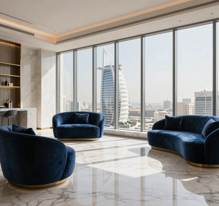 Professional photography of a luxury apartment interior in a Middle Eastern / Gulf tower, featuring soft off-white marble floors, elegant midnight blue velvet furniture, and expansive windows showing a bright city view.