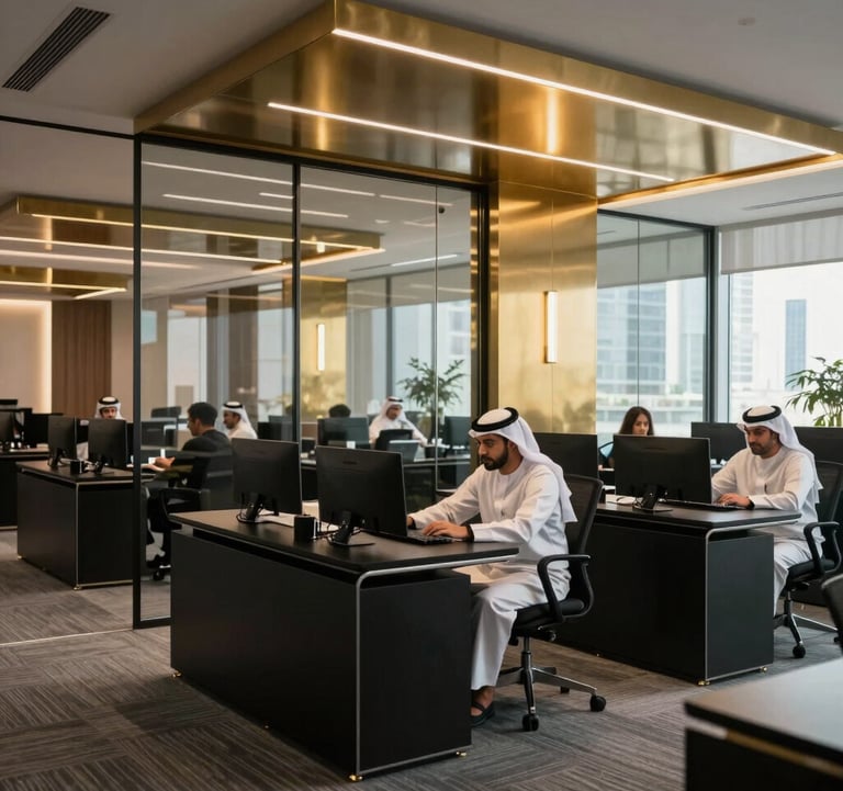 Photography of a high-end commercial office space in Dubai, with sleek black furniture, glass partitions, and warm metallic gold accents, featuring professionals in a modern Middle Eastern / Gulf workplace.