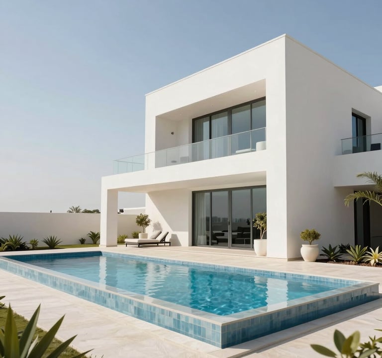 An architectural photography of a sleek white modern villa in Palm Jumeirah during bright daylight, featuring a clear blue pool and professional Middle Eastern / Gulf landscaping in soft off-white tones.