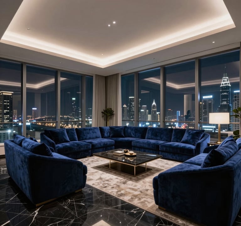 Luxury penthouse interior in Dubai featuring floor-to-ceiling windows, midnight black marble floors, and deep navy blue velvet furniture, overlooking the city skyline at night.