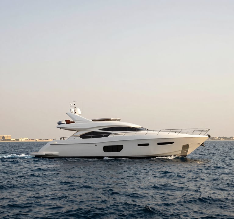 A luxury yacht sailing past the Bluewaters Island wheel in Dubai, with dark navy blue water and a soft off-white sky, capturing the high-end Middle Eastern / Gulf lifestyle.