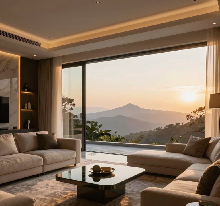 An ultra-luxury living room interior in Lonavala featuring glassmorphism design, soft golden glows, and a panoramic view of the Western Ghats at dawn.