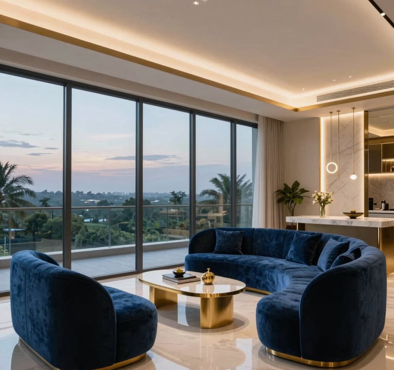 Interior of a high-end luxury apartment in Pune, featuring a minimalist South Asian contemporary design with gold finishes, deep blue velvet seating, and panoramic floor-to-ceiling windows showing a lush landscape at dusk.