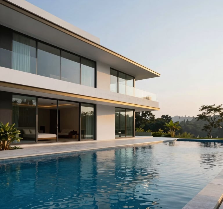 A minimalist architectural photograph of a modern luxury villa in Lonavala, featuring clean lines, large glass panes, and a sleek infinity pool. The lighting is soft morning sun, highlighting the deep blue of the water and gold accents on the exterior trim.