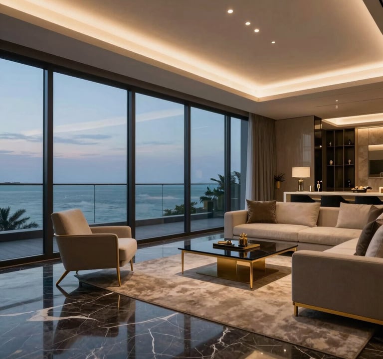 A minimalist, ultra-luxury penthouse interior in South Mumbai with floor-to-ceiling glass walls overlooking the Arabian Sea at dusk. The room features dark marble floors, gold-trimmed modern furniture, and a sophisticated, cinematic lighting scheme. South Asian / Indian high-end residential style.