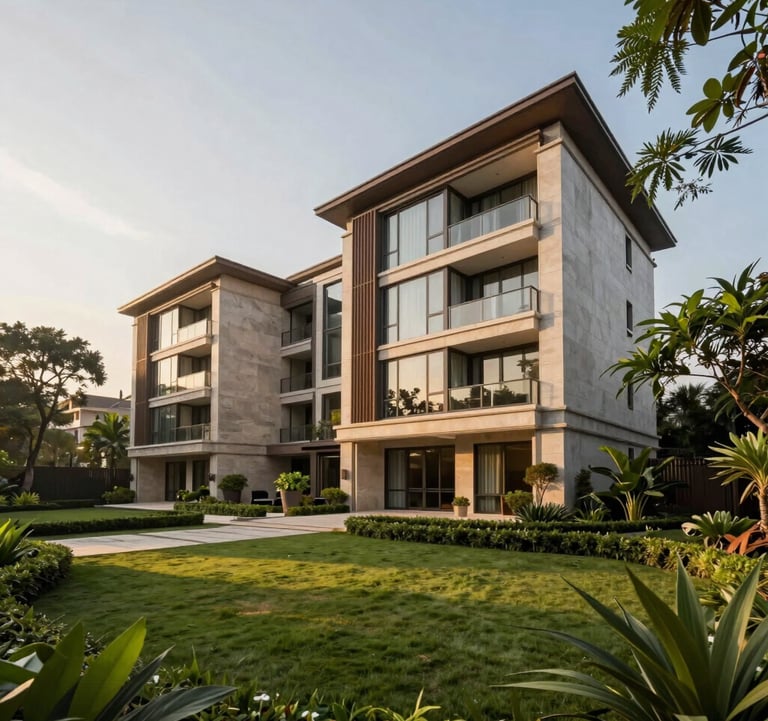 A sophisticated wide-angle view of a premium residence at Malabar Hill, Mumbai. The composition emphasizes elite seclusion, with lush greenery framing a modern facade, shot in cinematic golden hour light.