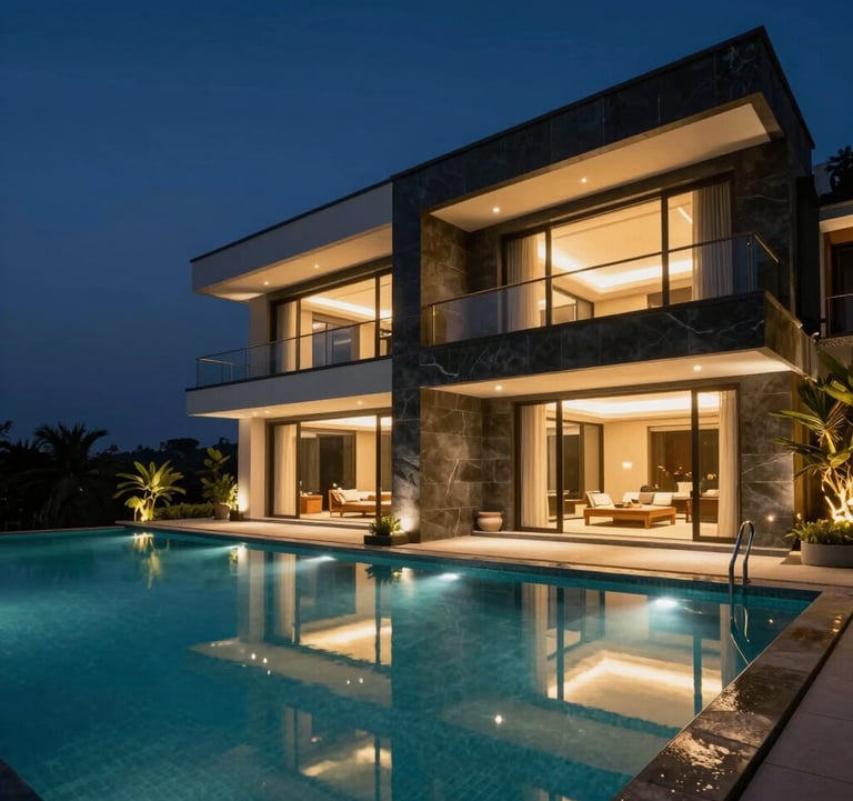 A private infinity pool area of a modern mansion at Malabar Hill. The architecture features clean lines, dark stone, and gold accent lighting. The South Asian / Indian night sky is reflected in the water, creating an aura of total privacy and elite status.
