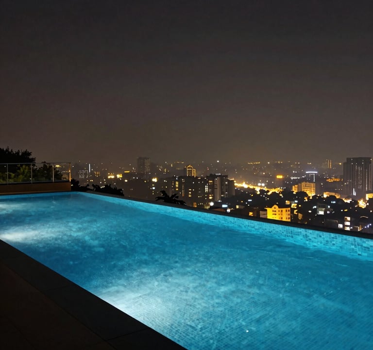 A professional architectural photograph of a sleek, modern infinity pool at night overlooking the city lights of Pune, featuring deep blue water and golden ambient lighting.