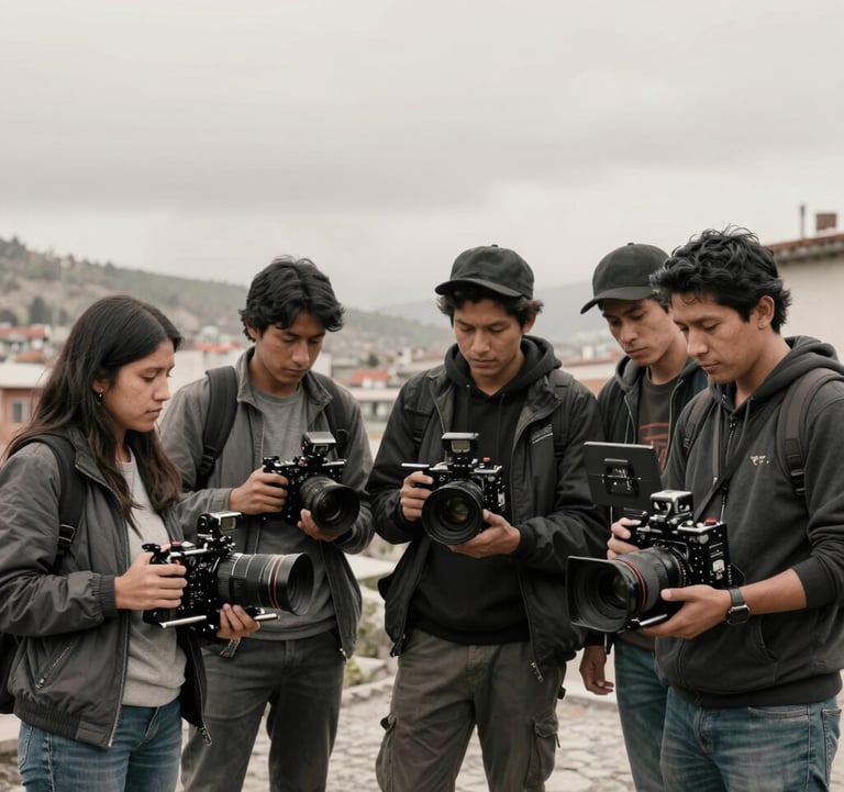A group of young South American / Peruvian filmmakers collaborating in a high-altitude urban setting, holding professional equipment, modern and artistic style, soft charcoal and off-white tones.