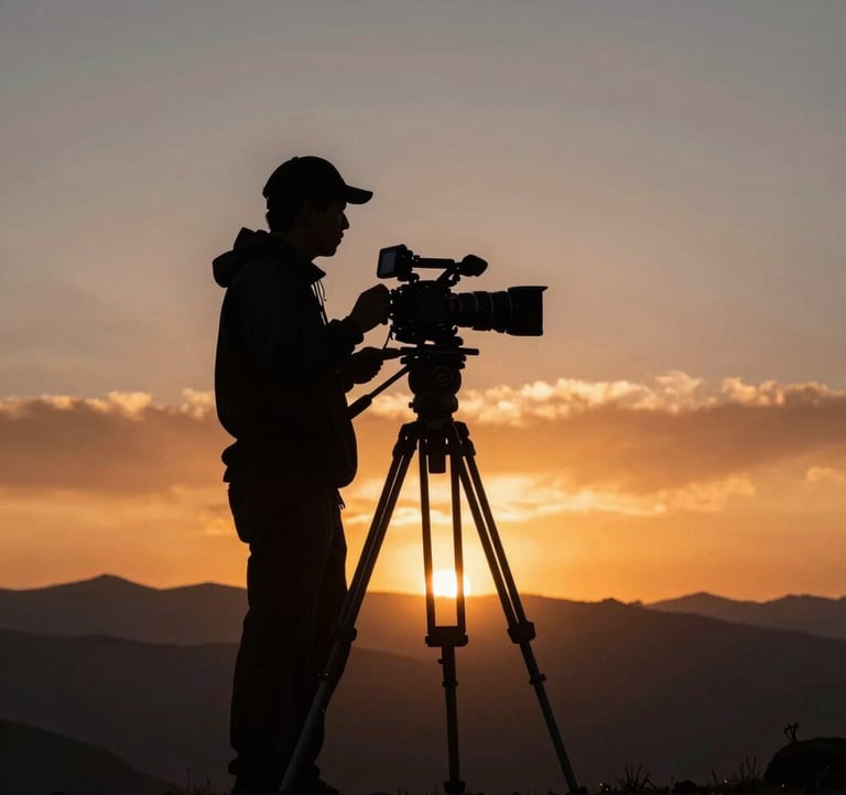 A silhouette of a camera operator with a tripod against a glowing Andean sunset, sky colors of orange and charcoal, South American / Peruvian landscape, cinematic backlighting.
