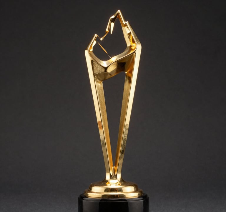 A detailed shot of a golden film award trophy with an abstract mountain peak design, glowing under warm spotlight against a dark charcoal background, sophisticated and prestigious.