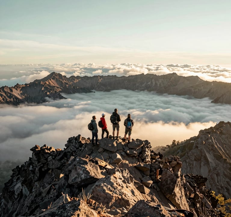 A stunning wide photograph of Global Adventure Travelers standing on the rocky summit ridge of Mount Rinjani at sunrise, looking out over a sea of clouds. Rugged volcanic terrain, sharp details, pristine morning light, off-white and pale sage green tones in the sky.