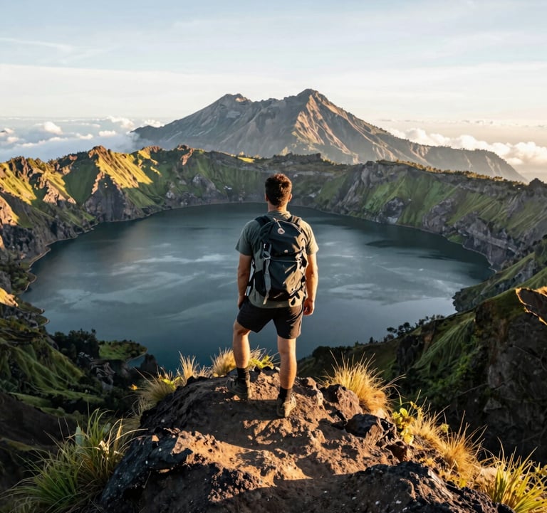 Action shot of an adventurous hiker standing on a ridge overlooking the vast crater lake of Mount Rinjani during a sunny day. Golden sunlight illuminates the volcanic peak and the lush green slopes. Crisp professional outdoor photography capturing Global Adventure Travelers / Indonesian Eco-Tourism.
