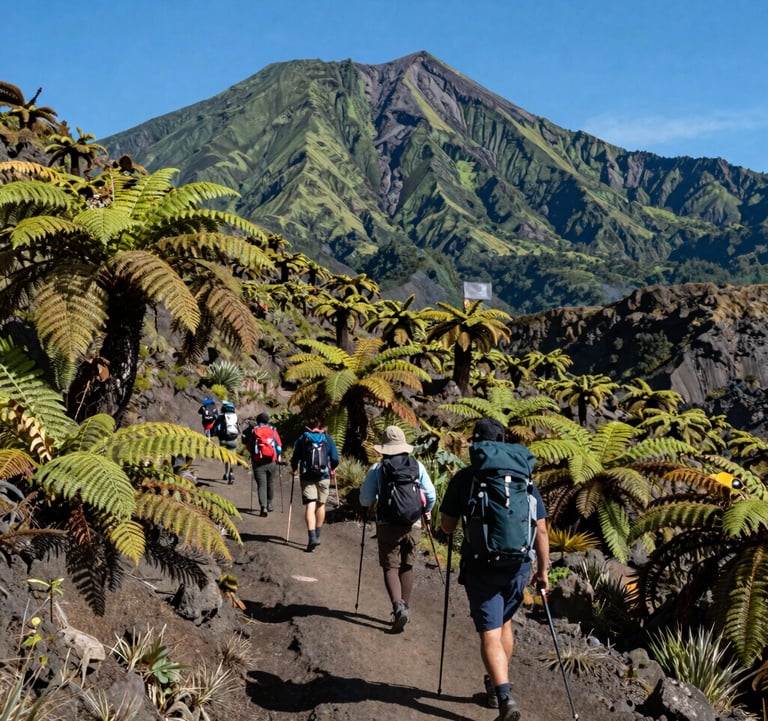 A group of active hikers with trekking poles traversing a scenic trail lined with lush volcanic ferns and local Lombok flora on the slopes of Mount Rinjani. Majestic green volcanic peaks tower in the background under clear blue skies, professional Indonesian Eco-Tourism style.