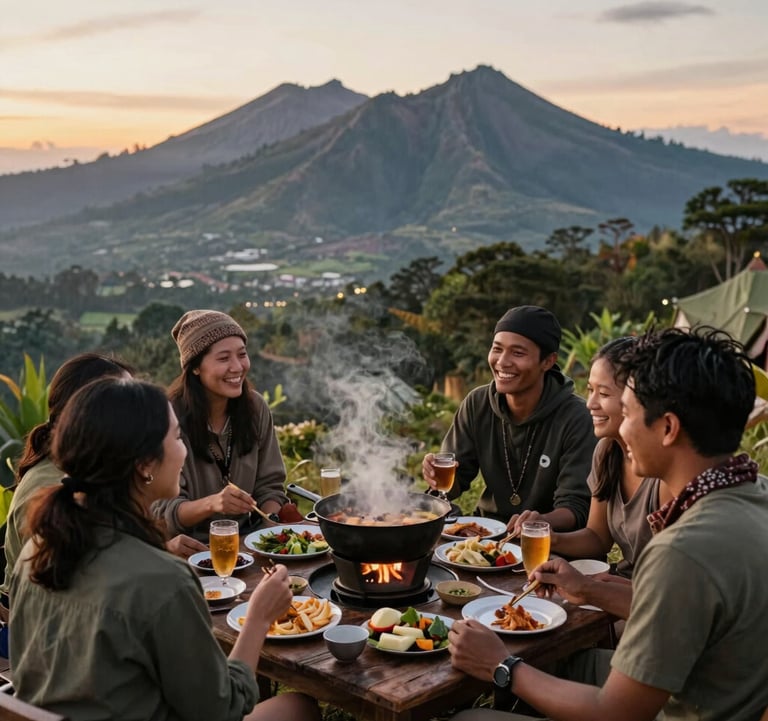 Candid warm lifestyle shot of global adventure travelers gathering around a hot meal prepared by local guides at a luxury campsite on Rinjani. Smiling faces, soft sunset lighting, natural green and earthy colors. Highlighting Indonesian Eco-Tourism and premium mountain hospitality.