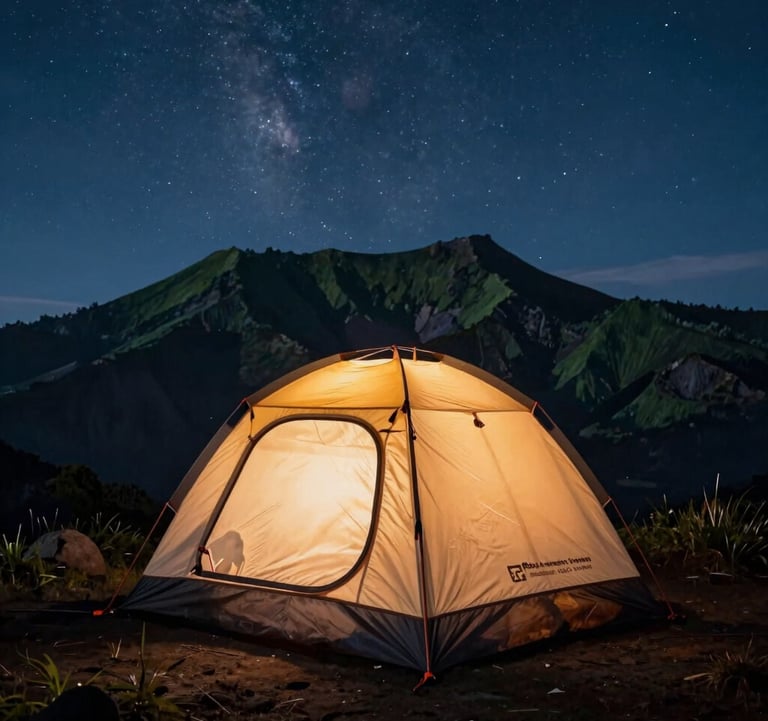 Adventure photography of a premium dome tent pitched safely on the Mount Rinjani crater rim at twilight. A warm light glows inside the tent against a starry night sky with deep green mountain contours visible in the dark background. For Global Adventure Travelers / Indonesian Eco-Tourism.