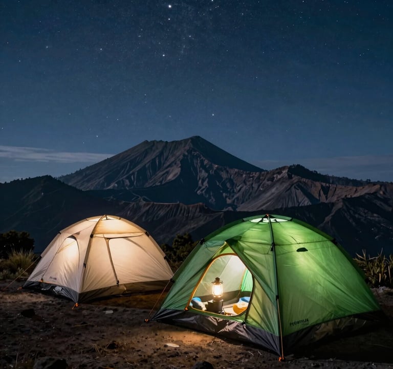 Premium camping setup on the high rim of Mount Rinjani crater under a starry sky. Large, durable green and off-white dome tents glow from warm inside lanterns, framing the volcanic silhouette in the background, spectacular night wilderness photography.